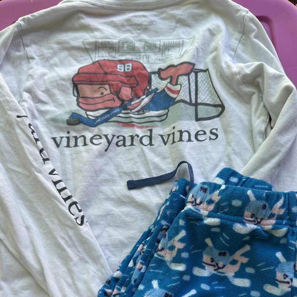 VGUC Kids Vineyard Vines Hockey Pajamas Fleece Bottom Long Sleeve Tee Size S